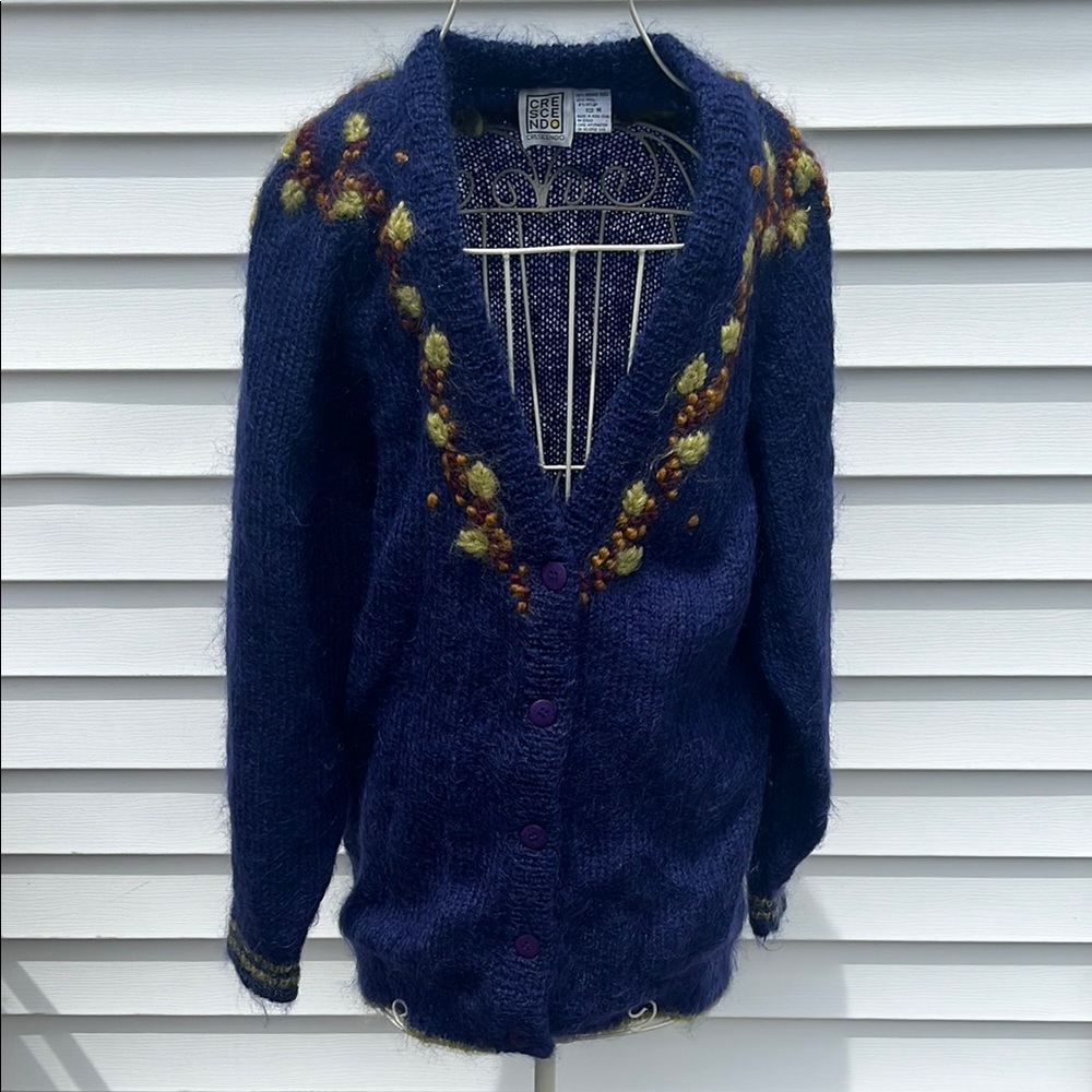 Crescedo mohair  vintage Navy Blue Cardigan with Floral Accents